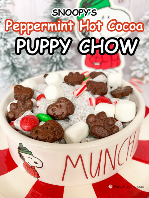 Snoopy's Peppermint Hot Cocoa Puppy Chow, best easy quick Christmas Puppy Chow snack mix, hot cocoa chocolate peppermint puppy chow, easy best Christmas holiday puppy Chow, Snoopy cookies, Pepperidge Farm Snoopy Peppermint chocolate cookies, Christmas M&M's, best easy Christmas Snoopy Muddy Buddy recipe for holidays candy melts peppermint hot cocoa mix, best easy Christmas Snoopy Muddy Buddy recipe for holidays candy melts peppermint hot cocoa mix
