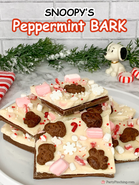 Snoopy Peppermint Bark, best easy fast fun no bake peppermint bark recipe ideas, best easy peppermint bark recipe for the Christmas holidays, best easy Snoopy themed Peanuts gang dessert food recipe ideas, Snoopy food for Christmas holidays, Pepperidge Farm Goldfish Snoopy peppermint cocoa graham snack cookies