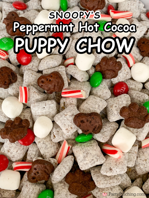 Snoopy's Peppermint Hot Cocoa Puppy Chow, best easy quick Christmas Puppy Chow snack mix, hot cocoa chocolate peppermint puppy chow, easy best Christmas holiday puppy Chow, Snoopy cookies, Pepperidge Farm Snoopy Peppermint chocolate cookies, Christmas M&M's,  best easy Christmas Snoopy Muddy Buddy recipe for holidays candy melts peppermint hot cocoa mix