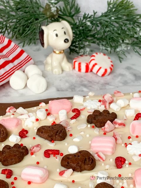Snoopy Peppermint Bark, best easy fast fun no bake peppermint bark recipe ideas, best easy peppermint bark recipe for the Christmas holidays, best easy Snoopy themed Peanuts gang dessert food recipe ideas, Snoopy food for Christmas holidays, Pepperidge Farm Goldfish Snoopy peppermint cocoa graham snack cookies