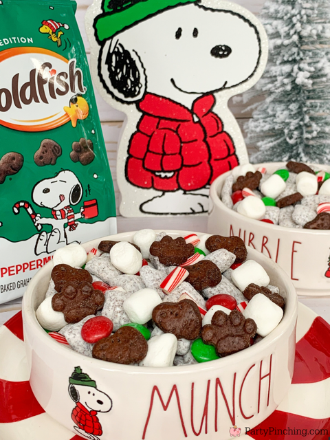 Snoopy's Peppermint Hot Cocoa Puppy Chow, best easy quick Christmas Puppy Chow snack mix, hot cocoa chocolate peppermint puppy chow, easy best Christmas holiday puppy Chow, Snoopy cookies, Pepperidge Farm Snoopy Peppermint chocolate cookies, Christmas M&M's , best easy Christmas Snoopy Muddy Buddy recipe for holidays candy melts peppermint hot cocoa mix
