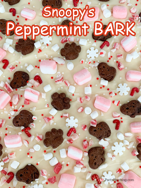 Snoopy Peppermint Bark, best easy fast fun no bake peppermint bark recipe ideas, best easy peppermint bark recipe for the Christmas holidays, best easy Snoopy themed Peanuts gang dessert food recipe ideas, Snoopy food for Christmas holidays, Pepperidge Farm Goldfish Snoopy peppermint cocoa graham snack cookies