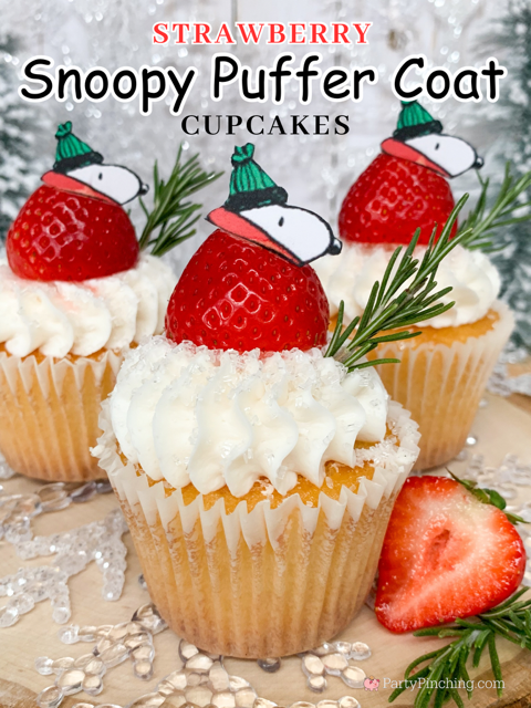 Strawberry Snoopy Puffer Jacket Cupcakes, best easy Snoopy cupcakes, Snoopy, Snoopy lovers, Snoopy Puffer jacket, best easy holiday cupcake recipe, Puffer Coat Snoopy