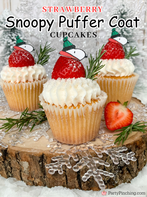 Strawberry Snoopy Puffer Jacket Cupcakes, best easy Snoopy cupcakes, Snoopy, Snoopy lovers, Snoopy Puffer jacket, best easy holiday cupcake recipe, Puffer Coat Snoopy