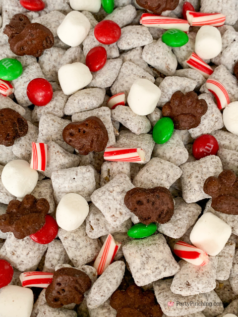 Snoopy's Peppermint Hot Cocoa Puppy Chow, best easy quick Christmas Puppy Chow snack mix, hot cocoa chocolate peppermint puppy chow, easy best Christmas holiday puppy Chow, Snoopy cookies, Pepperidge Farm Snoopy Peppermint chocolate cookies, Christmas M&M's,  best easy Christmas Snoopy Muddy Buddy recipe for holidays candy melts peppermint hot cocoa mix
