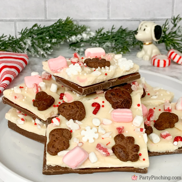 Snoopy Peppermint Bark, best easy fast fun no bake peppermint bark recipe ideas, best easy peppermint bark recipe for the Christmas holidays, best easy Snoopy themed Peanuts gang dessert food recipe ideas, Snoopy food for Christmas holidays, Pepperidge Farm Goldfish Snoopy peppermint cocoa graham snack cookies