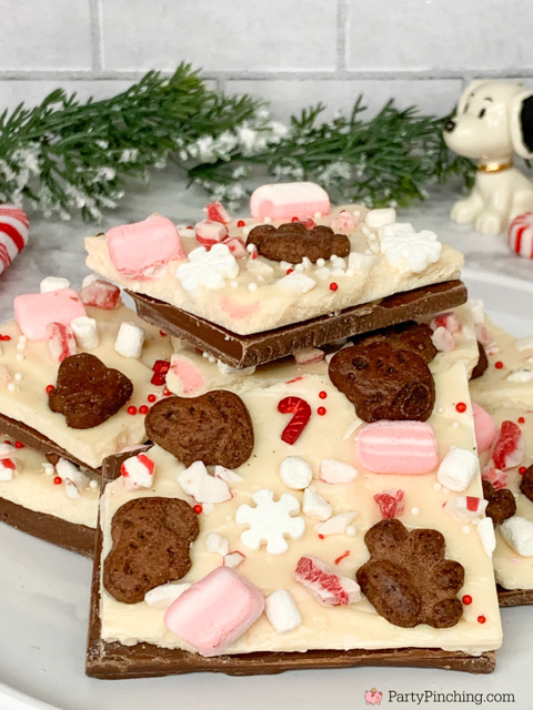 Snoopy Peppermint Bark, best easy fast fun no bake peppermint bark recipe ideas, best easy peppermint bark recipe for the Christmas holidays, best easy Snoopy themed Peanuts gang dessert food recipe ideas, Snoopy food for Christmas holidays, Pepperidge Farm Goldfish Snoopy peppermint cocoa graham snack cookies