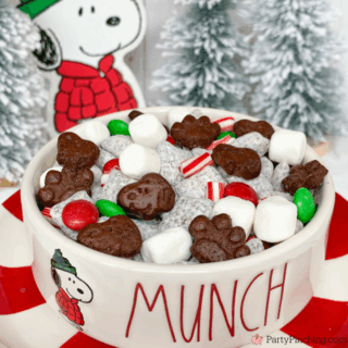 Snoopy's Peppermint Hot Cocoa Puppy Chow, best easy quick Christmas Puppy Chow snack mix, hot cocoa chocolate peppermint puppy chow, easy best Christmas holiday puppy Chow, Snoopy cookies, Pepperidge Farm Snoopy Peppermint chocolate cookies, Christmas M&M's