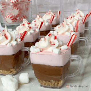 Peppermint Hot Cocoa Cheesecake Cups, Sunbelt Bakery Peppermint Chewy Granola Bars, easy best Christmas holiday peppermint hot cocoa recipe, no bake peppermint hot chocolate cheesecake cups, mini dessert for Christmas no bake for a crowd