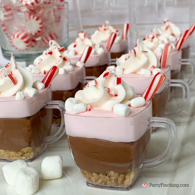 Peppermint Hot Cocoa Cheesecake Cups, Sunbelt Bakery Peppermint Chewy Granola Bars, easy best Christmas holiday peppermint hot cocoa recipe, no bake peppermint hot chocolate cheesecake cups, mini dessert for Christmas no bake for a crowd