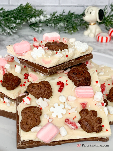 Snoopy Peppermint Bark, best easy fast fun no bake peppermint bark recipe ideas, best easy peppermint bark recipe for the Christmas holidays, best easy Snoopy themed Peanuts gang dessert food recipe ideas, Snoopy food for Christmas holidays, Pepperidge Farm Goldfish Snoopy peppermint cocoa graham snack cookies