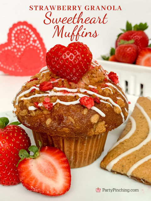 Strawberry granola sweetheart muffins, Valentine muffins, best easy Valentine breakfast ideas, Sunbelt Bakery soft strawberry granola bars
