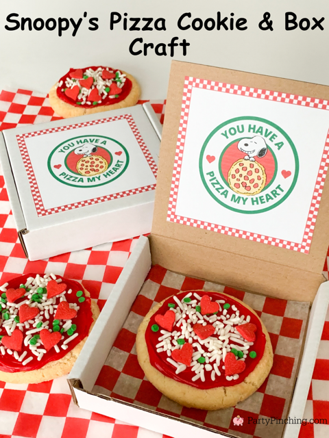 Snoopy Pizza My Heart Valentine Cookie, best easy pizza cookie with mini pizza box, best easy Valentine's Day ideas for kids class party parties, best easy Snoopy Cookie recipe ideas easy to make, best Valentine's Day treat cookies, You have a Pizza My heart cookie