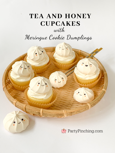 tea and honey cupcake with cute meringue dumpling cookie 