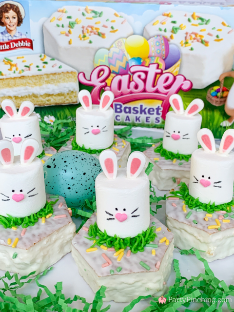 Bunny Basket Cakes recipe, Little Debbie Easter Basket cakes, cute easy no bake Easter dessert recipe ideas for kids, best easy fast Easter brunch recipe ideas, marshmallow bunny recipe, cute easy fast marshmallow bunnies
