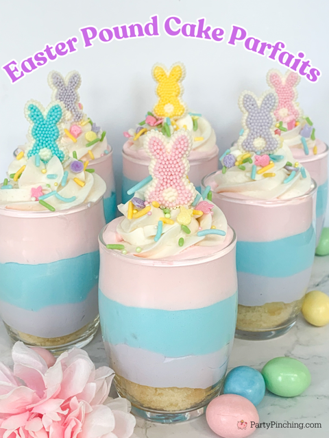 Easter Pound Cake Parfaits, Easter pastel parfait, layered pastel Jello Easter dessert idea, no bake Easter dessert, Drake's Mini Pound Cakes recipe, Cute no bake Easter dessert
