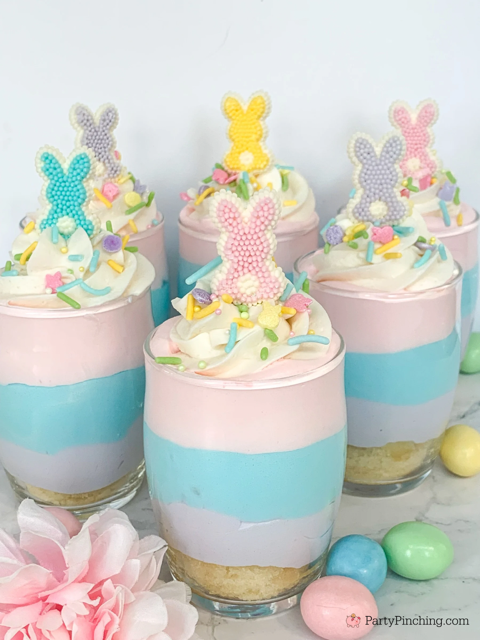 Easter Pound Cake Parfaits, Easter pastel parfait, layered pastel Jello Easter dessert idea, no bake Easter dessert, Drake's Mini Pound Cakes recipe, Cute no bake Easter dessert
