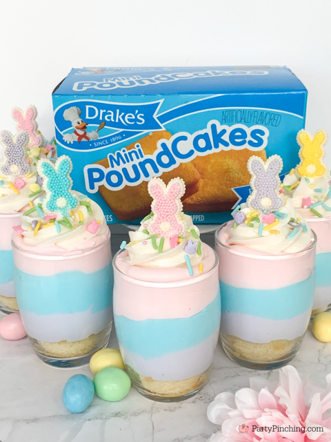 Easter Pound Cake Parfaits, Easter pastel parfait, layered pastel Jello Easter dessert idea, no bake Easter dessert, Drake's Mini Pound Cakes recipe, Cute no bake Easter dessert