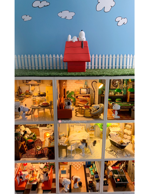 Look Inside Snoopy's Doghouse, Inside Snoopy's Doghouse, Snoopy Doghouse Interior, Snoopy kitchen, Snoopy living room, Snoopy Pool Room, Snoopy Library den, Snoopy guest room bedroom, Snoopy bathroom, Snoopy basement, Snoopy cafe, Snoopy bowling alley, Snoopy's siblings Belle Olaf Marbles Andy Spike, Robotime Rolife Super Creator, Snoopy Re-ment Rement, Miniature model building, Charles M. Schulz, Snoopy, Peanuts Comics, Charlie Brown