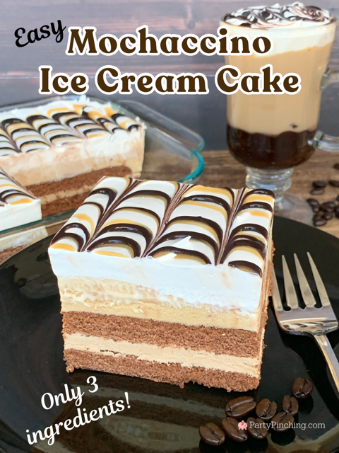Mochaccino Ice Cream Cake, easy no bake dessert recipe cake, best easy ice cream cake, coffee ice cream cake, Drake's Mochaccino Devil Dogs, best easy 3 ingredient no bake dessert, 5 minute dessert recipe, fast easy quick best dinner party dessert