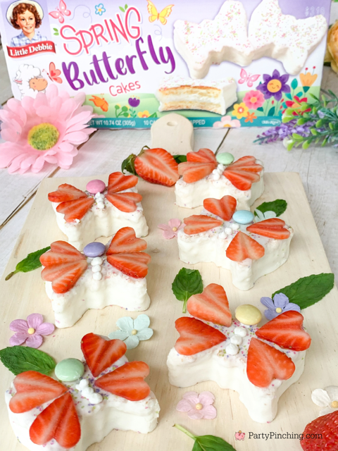 strawberry butterfly cakes, Little Debbie butterfly cakes, no bake butterfly cakes, spring butterfly cakes, easy no bake dessert recipes for Easter spring, cute butterfly cakes