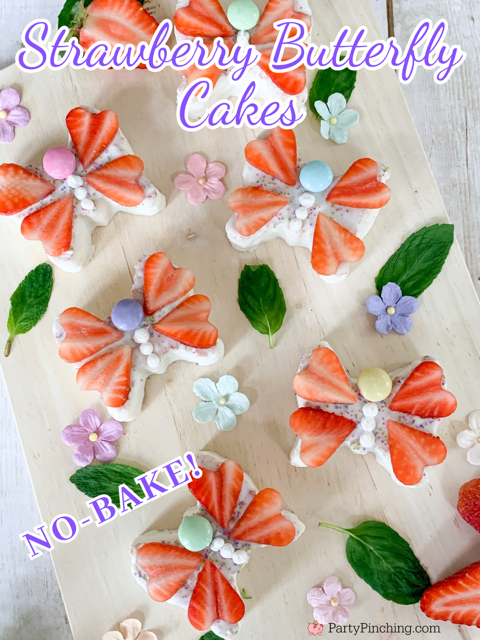 strawberry butterfly cakes, Little Debbie butterfly cakes, no bake butterfly cakes, spring butterfly cakes, easy no bake dessert recipes for Easter spring, cute butterfly cakes