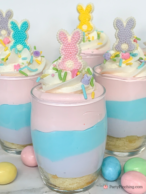 Easter Pound Cake Parfaits, Easter pastel parfait, layered pastel Jello Easter dessert idea, no bake Easter dessert, Drake's Mini Pound Cakes recipe, Cute no bake Easter dessert