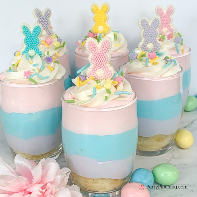 Easter Pound Cake Parfaits, Easter pastel parfait, layered pastel Jello Easter dessert idea, no bake Easter dessert, Drake's Mini Pound Cakes recipe, Cute no bake Easter dessert