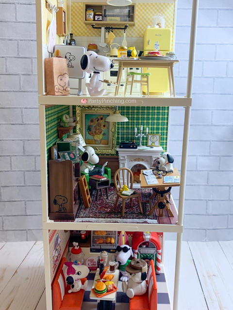 Look Inside Snoopy's Doghouse, Inside Snoopy's Doghouse, Snoopy Doghouse Interior, Snoopy kitchen, Snoopy living room, Snoopy Pool Room, Snoopy Library den, Snoopy guest room bedroom, Snoopy bathroom, Snoopy basement, Snoopy cafe, Snoopy bowling alley, Snoopy's siblings Belle Olaf Marbles Andy Spike, Robotime Rolife Super Creator, Snoopy Re-ment Rement, Miniature model building, Charles M. Schulz, Snoopy, Peanuts Comics, Charlie Brown