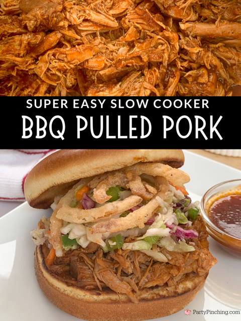 best Slow cooker BBQ pulled pork, easy best crock pot BBQ pulled pork, best pulled pork sandwich with sweet vinegar coleslaw and onion strings homemade