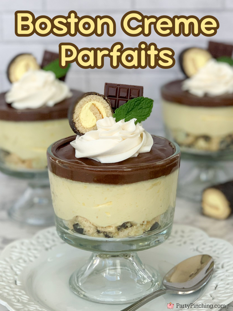 Boston Cream Parfaits, Boston Creme Parfaits, Boston Creme Yodels Drakes Cakes, easy Boston Cream Pie filling, Easy Boston Cream Pie ganache, how to make mini candy bars