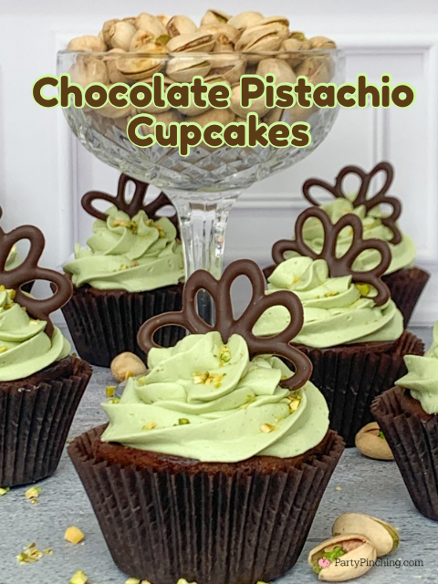 No bake Chocolate Pistachio Cupcakes, easy best chocolate pistachio cupcakes filled, fun easy pistachio butter frosting, Drake's Cakes Yankee Doodle Cupcakes with pistachio frosting