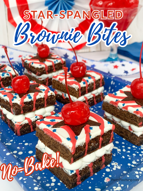 Star spangled brownie bites, easy no bake red white and blue Little Debbie Brownies, best easy no bake patriotic dessert for picnic potluck 4th of July Memorial Day Veteran's Day, star shaped brownies