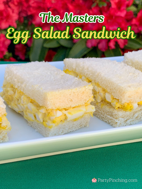 best easy Masters egg salad sandwich recipe, easy 4 ingredient Masters egg salad original recipe, best easy classic grandma's egg salad sandwich recipe, Augusta National Masters Golf Tournament famous best egg salad recipe on white bread, best Masters watch party food recipe ideas and decor