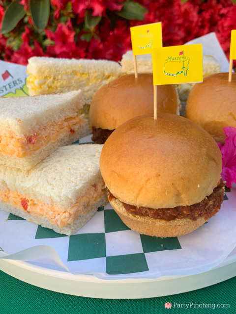 The ultimate Masters party, Augusta National Golf, Masters Golf Tournament, Masters viewing watch party ideas, best Masters Party, Taste of the Masters, Goldbelly, best easy pimento cheese sandwiches, best eggs salad sandwiches, best easy Masters peach ice cream sandwich mini recipe, Masters Azalea Drink recipe original authentic, Masters cookie, Masters golf popcorn, DIY Masters menu sign