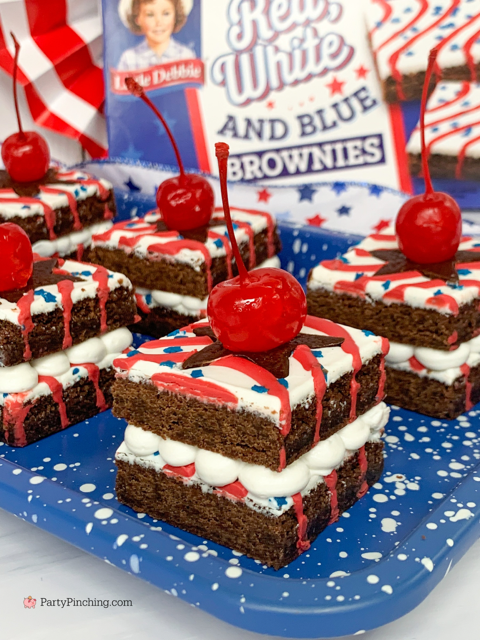 Star spangled brownie bites, easy no bake red white and blue Little Debbie Brownies, best easy no bake patriotic dessert for picnic potluck 4th of July Memorial Day Veteran's Day, star shaped brownies