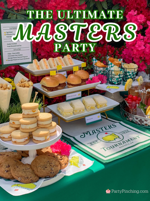 The ultimate Masters party, Augusta National Golf, Masters Golf Tournament, Masters viewing watch party ideas, best Masters Party, Taste of the Masters, Goldbelly, best easy pimento cheese sandwiches, best eggs salad sandwiches, best easy Masters peach ice cream sandwich mini recipe, Masters Azalea Drink recipe original authentic, Masters cookie, Masters golf popcorn, DIY Masters menu sign