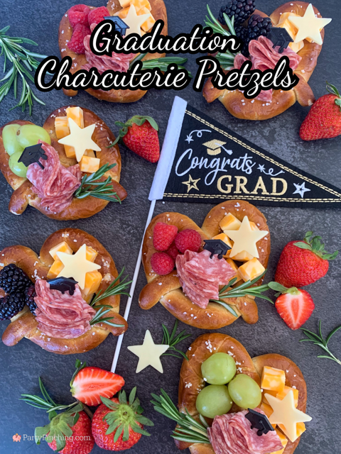 Graduation Charcuterie Pretzels, easy best charcuterie soft pretzels, best individual charcuterie ideas, fun easy grad party food ideas, best ideas for graduation party open house, best easy grad party food recipe, cute pretzel charcuterie ideas