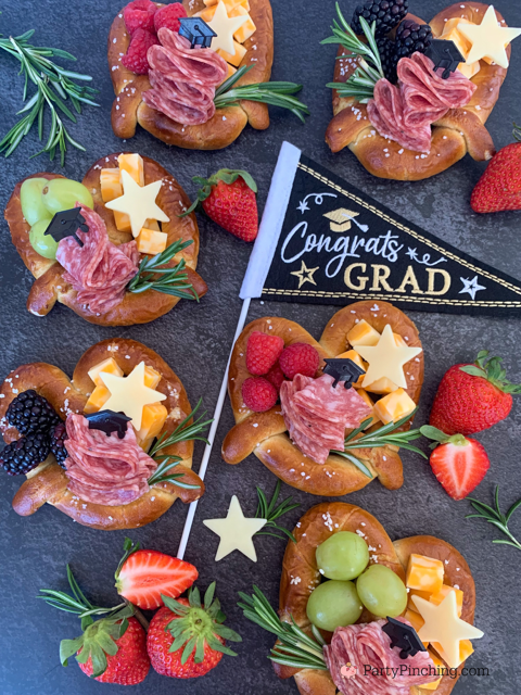 Graduation Charcuterie Pretzels, easy best charcuterie soft pretzels, best individual charcuterie ideas, fun easy grad party food ideas, best ideas for graduation party open house, best easy grad party food recipe, cute pretzel charcuterie ideas