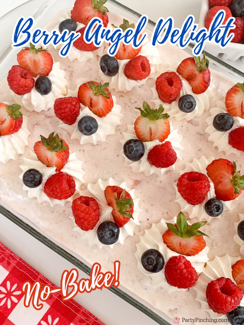 Berry Angel delight, easy best strawberry angel food cake dessert, patriotic 4th of July red white and blue easy best dessert recipe idea for picnic crowd party berry dessert, easy make ahead berry dessert for picnic party, strawberry cool whip casserole, best easy berry delight summer dessert, triple berry dessert recipe best easy to make