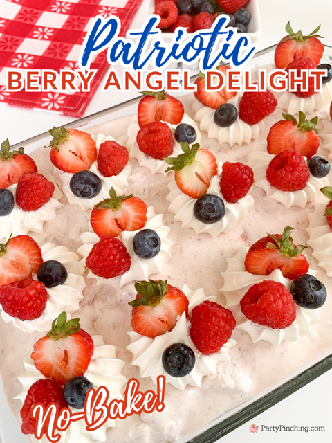 Berry Angel delight, easy best strawberry angel food cake dessert, patriotic 4th of July red white and blue easy best dessert recipe idea for picnic crowd party berry dessert, easy make ahead berry dessert for picnic party, strawberry cool whip casserole, best easy berry delight summer dessert, triple berry dessert recipe best easy to make, easy best patriotic dessert