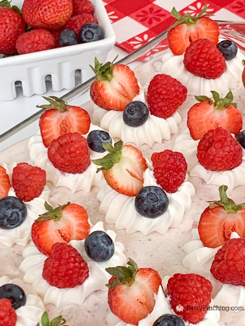 Berry Angel delight, easy best strawberry angel food cake dessert, patriotic 4th of July red white and blue easy best dessert recipe idea for picnic crowd party berry dessert, easy make ahead berry dessert for picnic party, strawberry cool whip casserole, best easy berry delight summer dessert, triple berry dessert recipe best easy to make