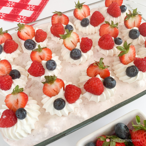 Berry Angel delight, easy best strawberry angel food cake dessert, patriotic 4th of July red white and blue easy best dessert recipe idea for picnic crowd party berry dessert, easy make ahead berry dessert for picnic party, strawberry cool whip casserole, best easy berry delight summer dessert, triple berry dessert recipe best easy to make, easy best patriotic dessert