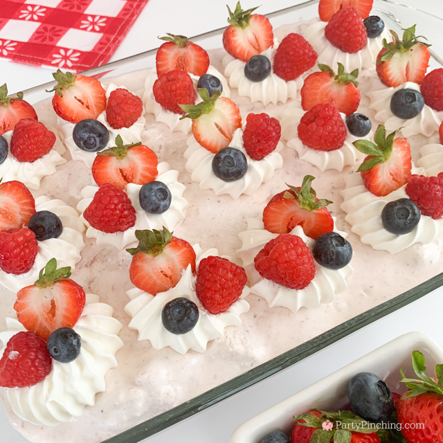 Berry Angel delight, easy best strawberry angel food cake dessert, patriotic 4th of July red white and blue easy best dessert recipe idea for picnic crowd party berry dessert, easy make ahead berry dessert for picnic party, strawberry cool whip casserole, best easy berry delight summer dessert, triple berry dessert recipe best easy to make, easy best patriotic dessert
