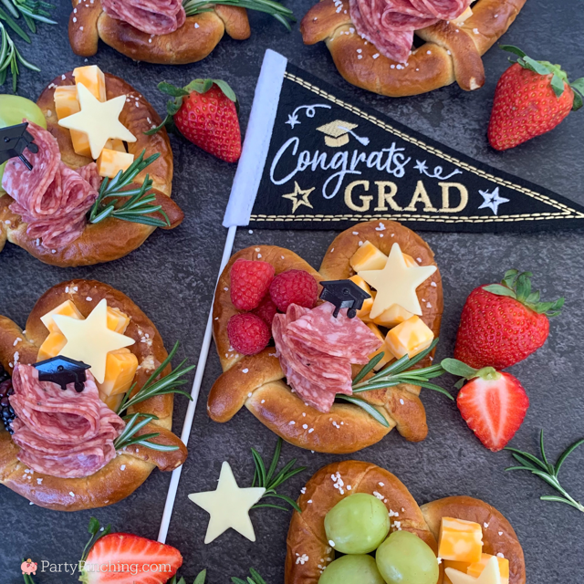 Graduation Charcuterie Pretzels, easy best charcuterie soft pretzels, best individual charcuterie ideas, fun easy grad party food ideas, best ideas for graduation party open house, best easy grad party food recipe, cute pretzel charcuterie ideas