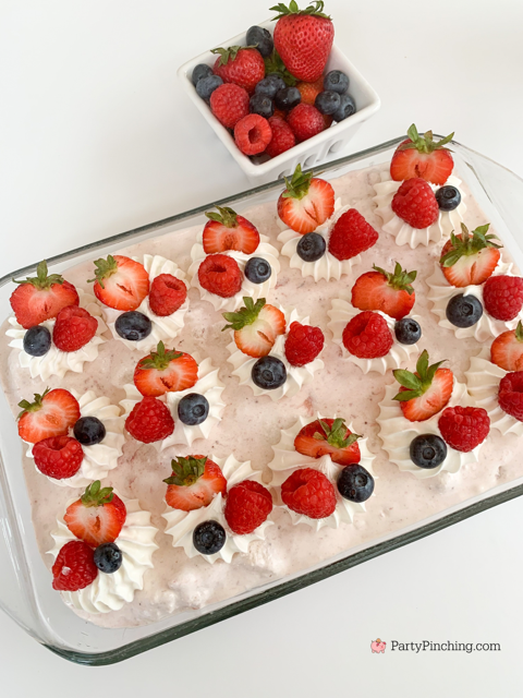 Berry Angel delight, easy best strawberry angel food cake dessert, patriotic 4th of July red white and blue easy best dessert recipe idea for picnic crowd party berry dessert, easy make ahead berry dessert for picnic party, strawberry cool whip casserole, best easy berry delight summer dessert, triple berry dessert recipe best easy to make