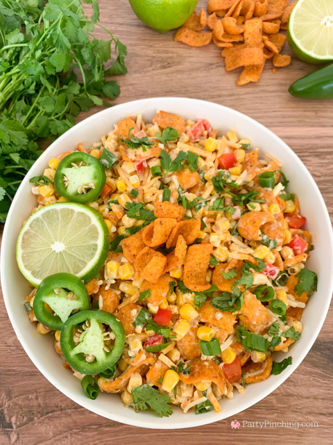 Easy Frito Corn Salad, super easy tiktok viral Frito Corn salad dip, easy fast Frito Chili Cheese Corn salad can corn, best potluck picnic 4th of July easy food recipes for a crowd, best easy quick fast Frito Corn salad dip recipe