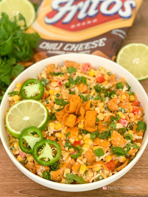 Easy Frito Corn Salad, super easy tiktok viral Frito Corn salad dip, easy fast Frito Chili Cheese Corn salad can corn, best potluck picnic 4th of July easy food recipes for a crowd, best easy quick fast Frito Corn salad dip recipe