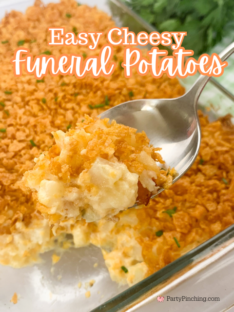 Easy Cheesy Funeral Potatoes, best easy quick funeral potatoes casserole recipe, cheesy casserole with corn flake topping casserole, best easy potluck side dish holiday meal Christmas Thanksgiving Christmas church potluck casserole recipe for a crowd idea, best easy to make comfort food casserole recipe