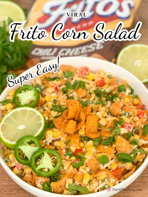 Easy Frito Corn Salad, super easy tiktok viral Frito Corn salad dip, easy fast Frito Chili Cheese Corn salad can corn, best potluck picnic 4th of July easy food recipes for a crowd, best easy quick fast Frito Corn salad dip recipe